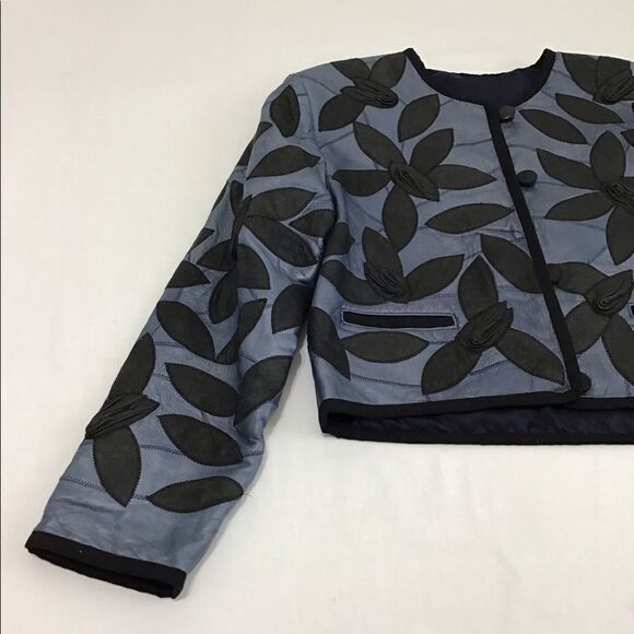 Leather Custom Made Crop Jacket Blue With Flower Petal Crew Neck Cropped Jacket - Picture 12 of 15